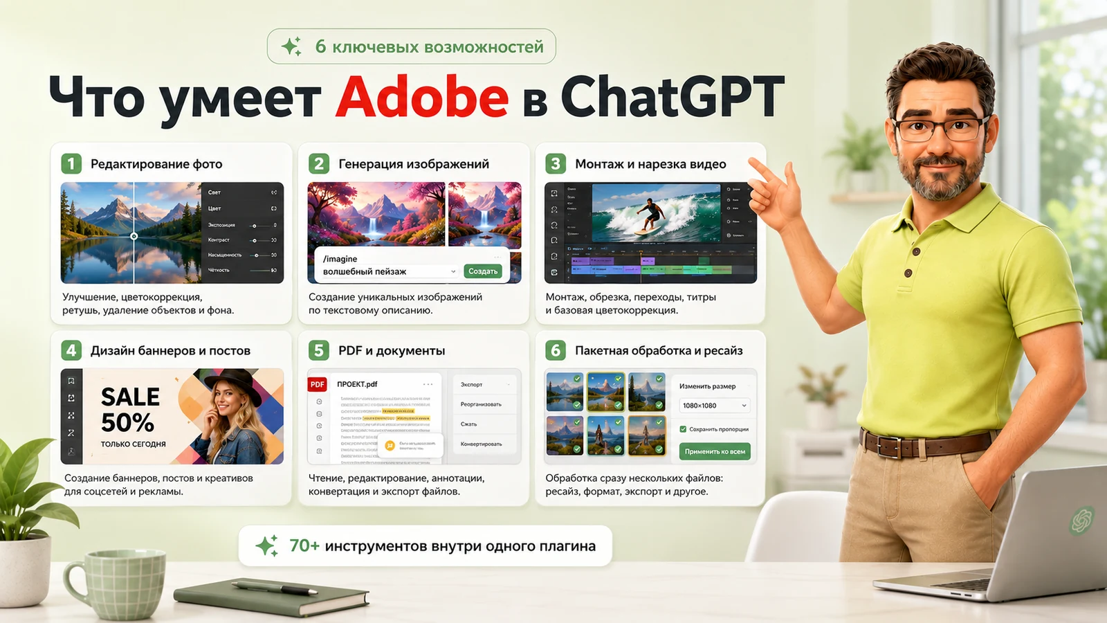 Инфографика с шестью ключевыми возможностями Adobe в ChatGPT