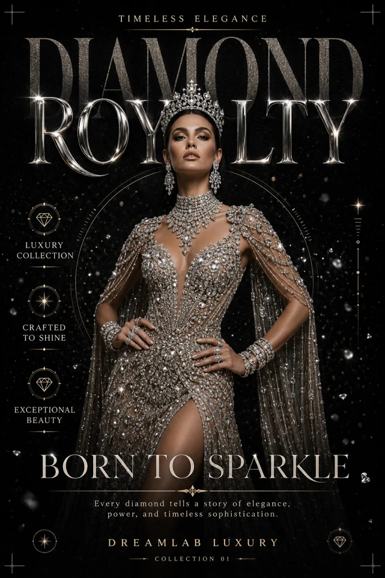 Роскошный fashion-постер Diamond Royalty с моделью в платье и украшениях из бриллиантов