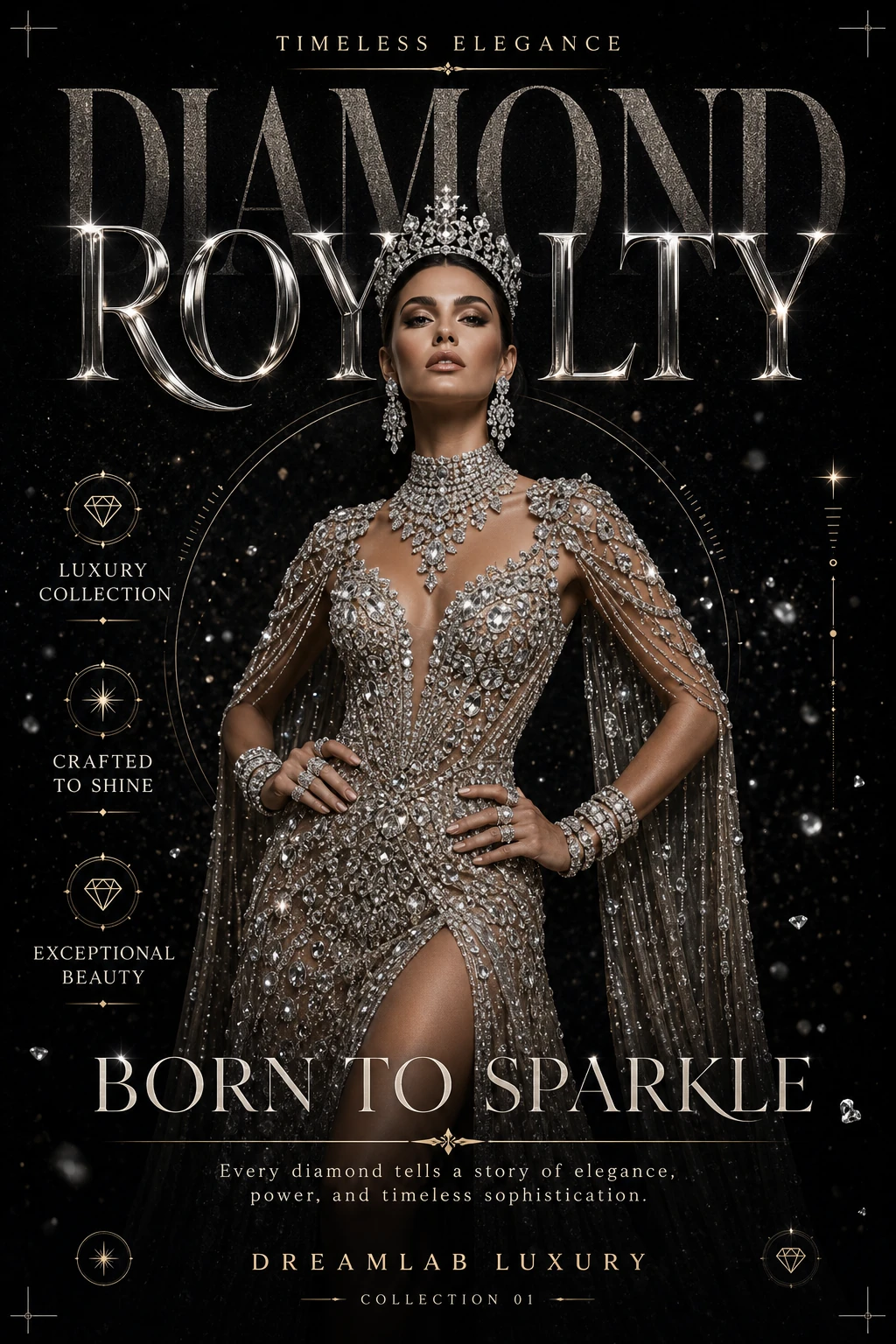 Роскошный fashion-постер Diamond Royalty с моделью в платье и украшениях из бриллиантов