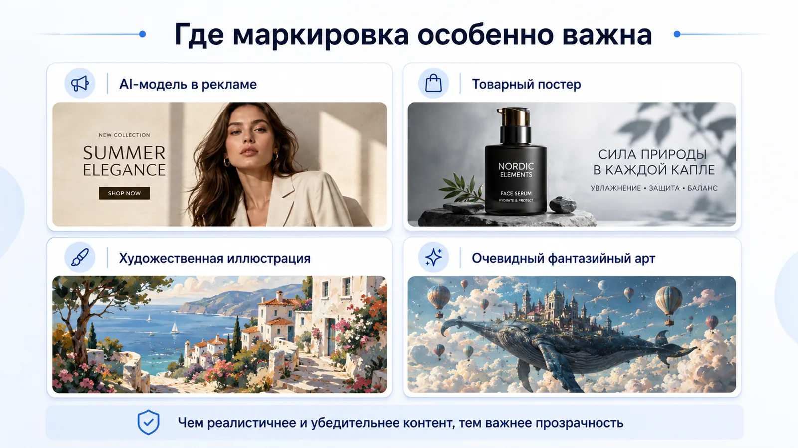 Инфографика с примерами, где маркировка AI-контента особенно важна