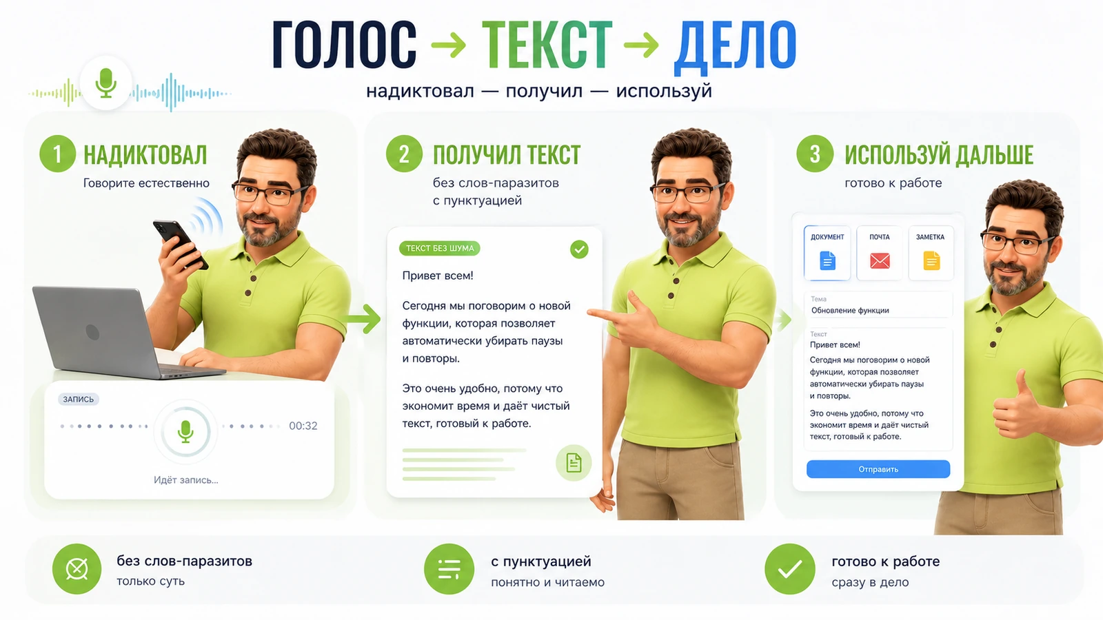 Рабочий процесс: надиктовать голосом, получить чистый текст и использовать его в документе или письме