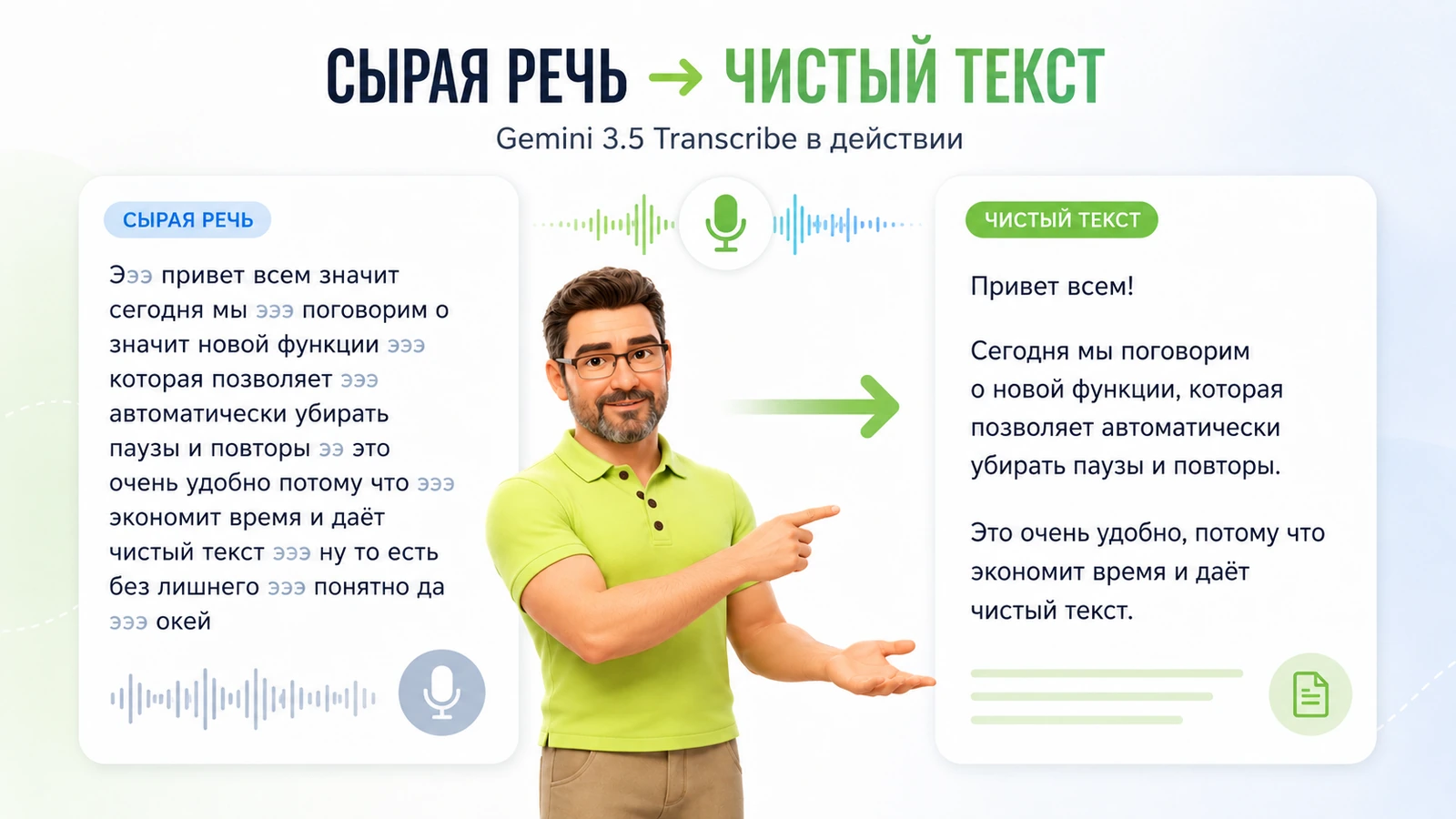 Сырая речь со словами-паразитами превращается в чистый текст с помощью Gemini 3.5 Transcribe