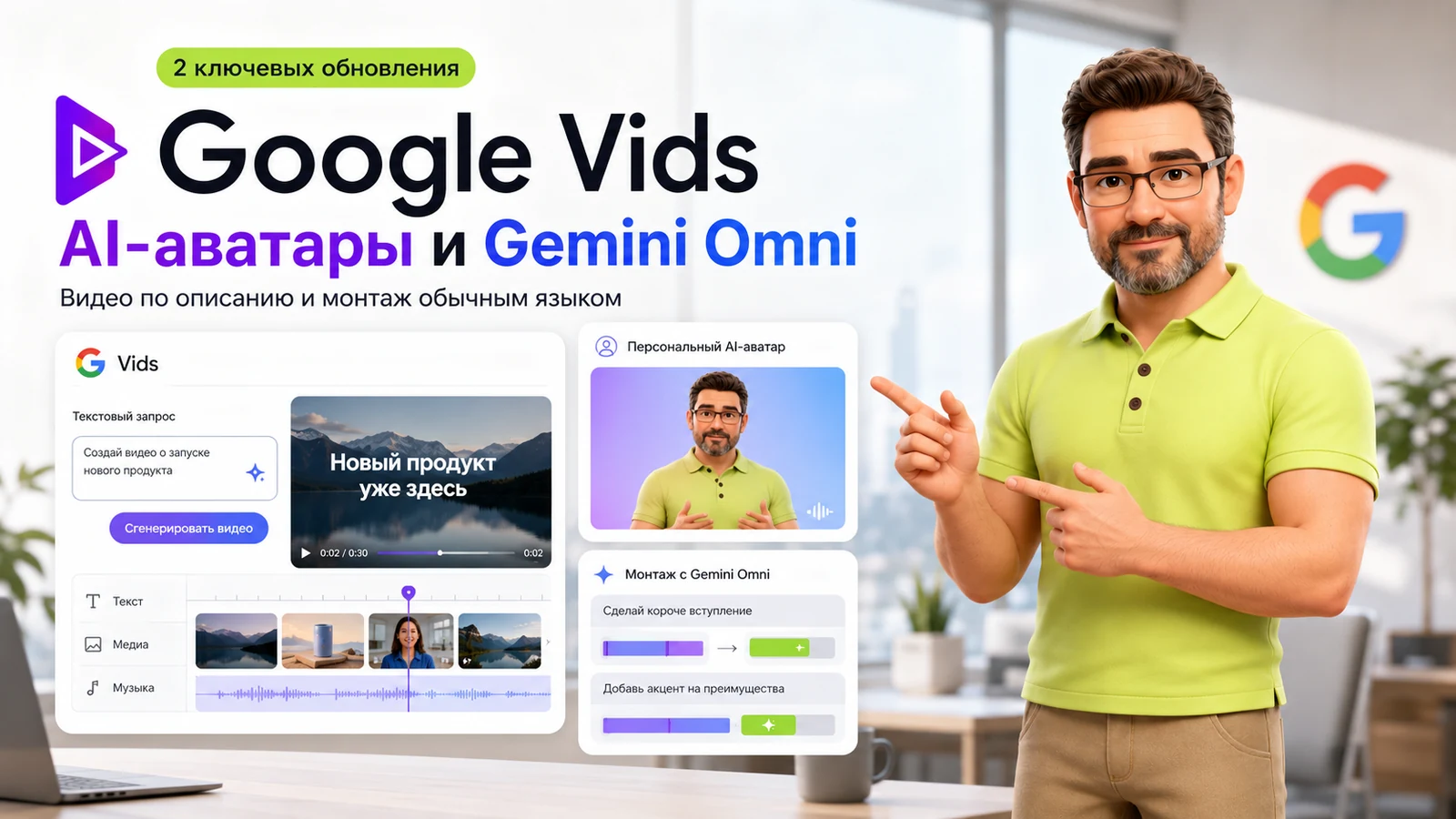Google Vids научился делать AI-аватары и монтировать ролики обычным языком: что умеют Gemini Omni и personal avatars