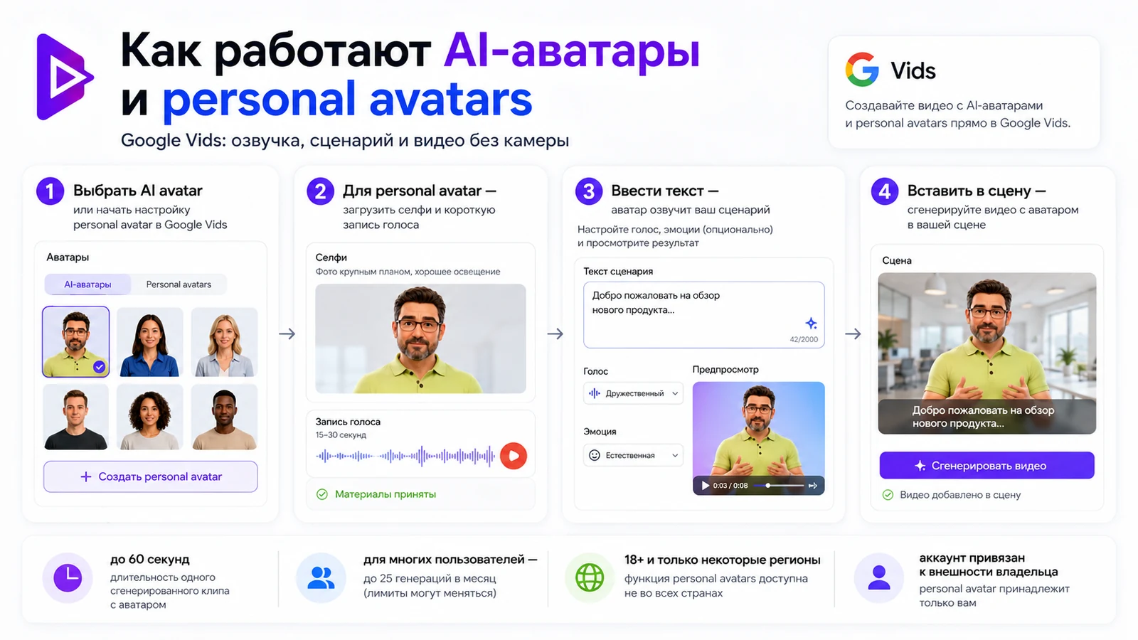 Схема работы AI-аватаров и personal avatars в Google Vids