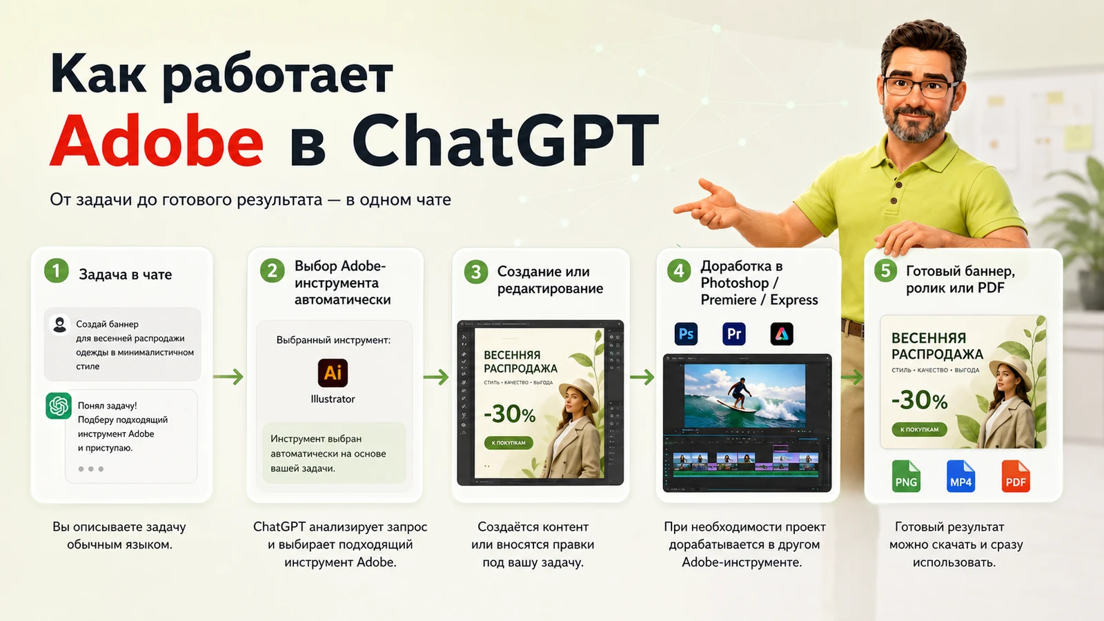 Пошаговая схема работы Adobe в ChatGPT от задачи до готового результата