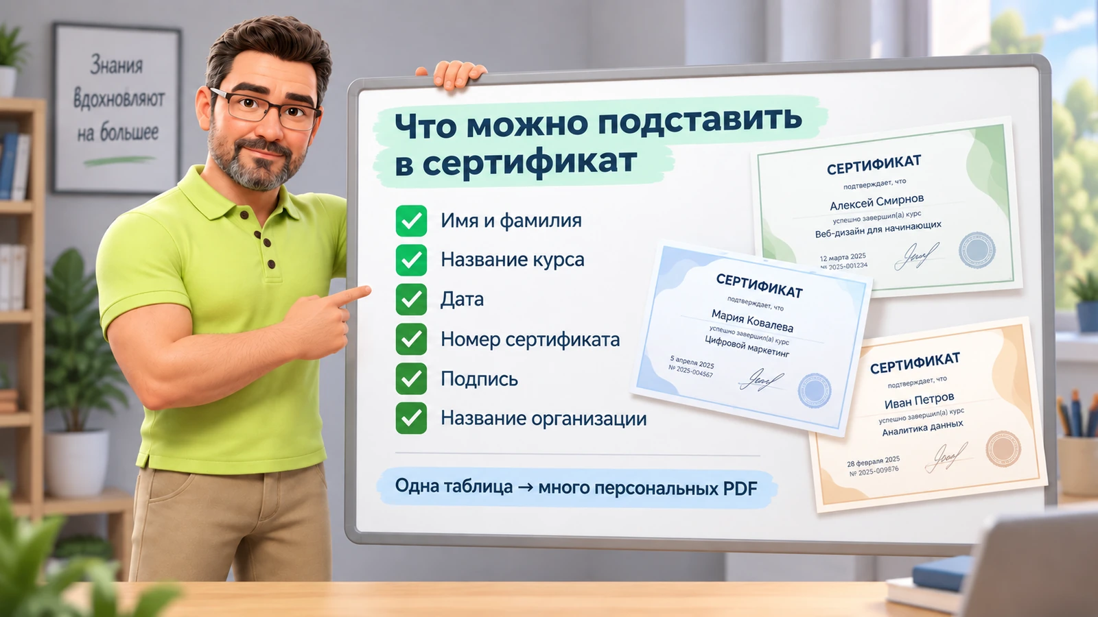Пример данных для сертификатов по списку: ФИО, курс, дата, номер и организация