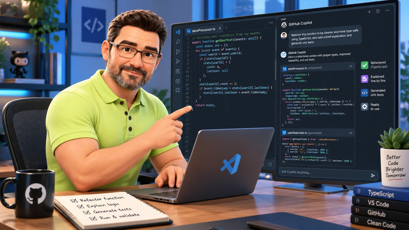 Иллюстрация рабочего сценария GPT-6 Astra в VS Code с рефакторингом кода и тестами