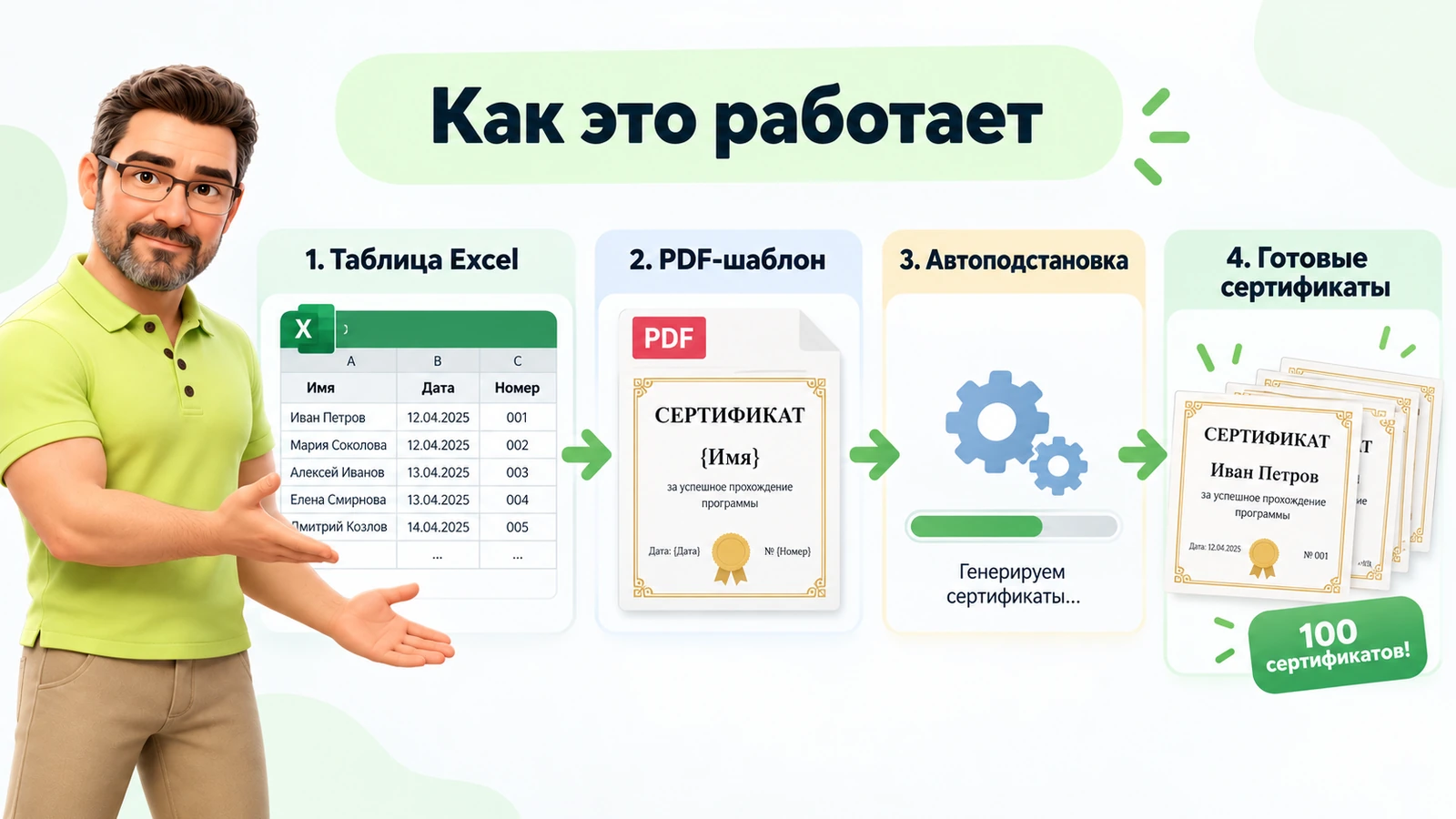 Схема создания сертификатов из Excel: таблица, PDF-шаблон, автоподстановка и готовые сертификаты