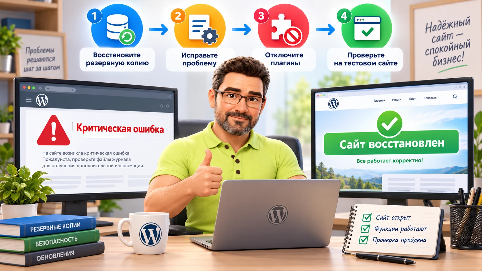 Пошаговое восстановление сайта WordPress после критической ошибки: диагностика, откат, отключение плагина, проверка PHP и повторная проверка сайта