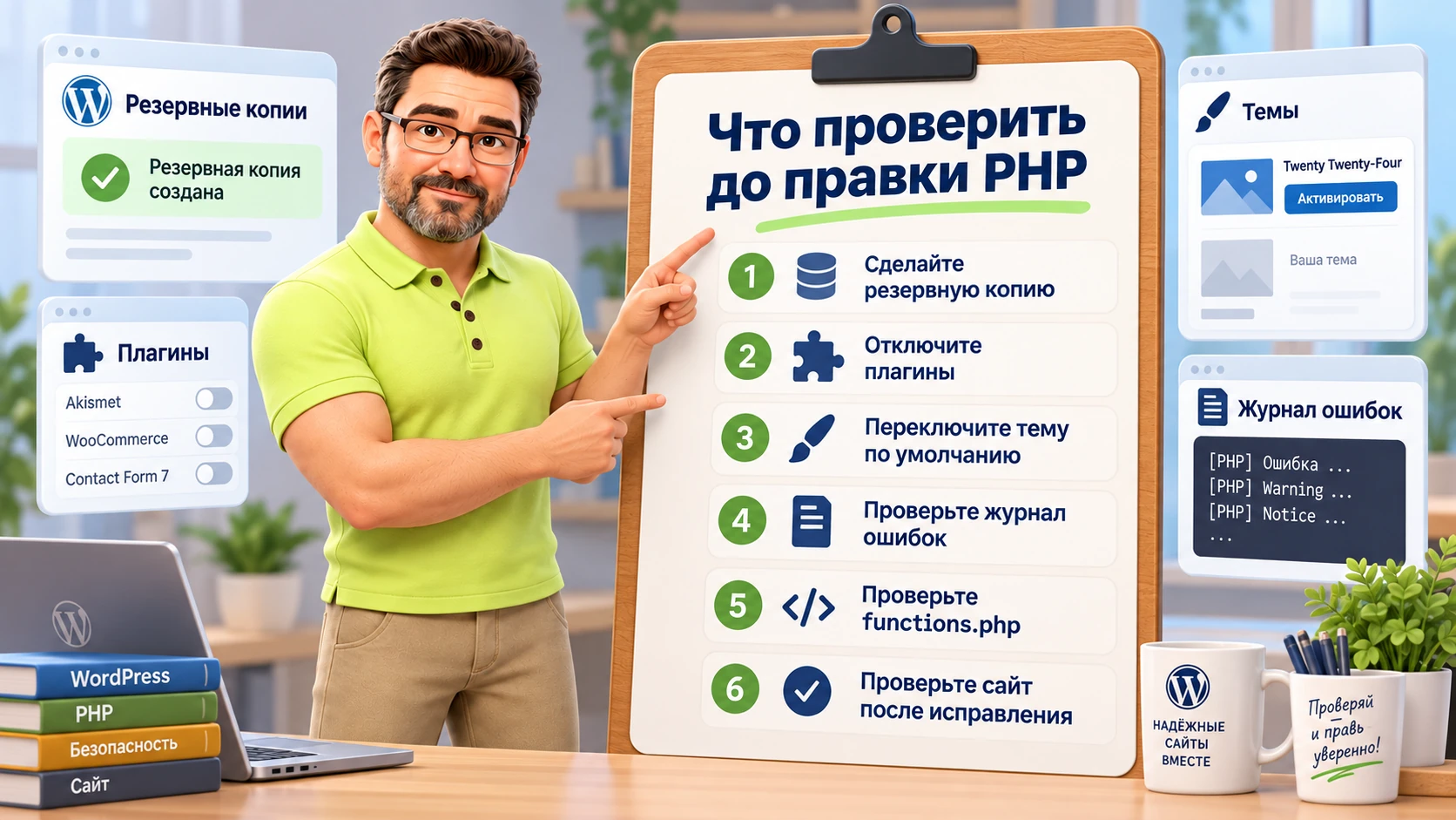 Что проверить перед правкой PHP в WordPress: резервная копия, последнее изменение, лог ошибок, версия PHP и активные плагины