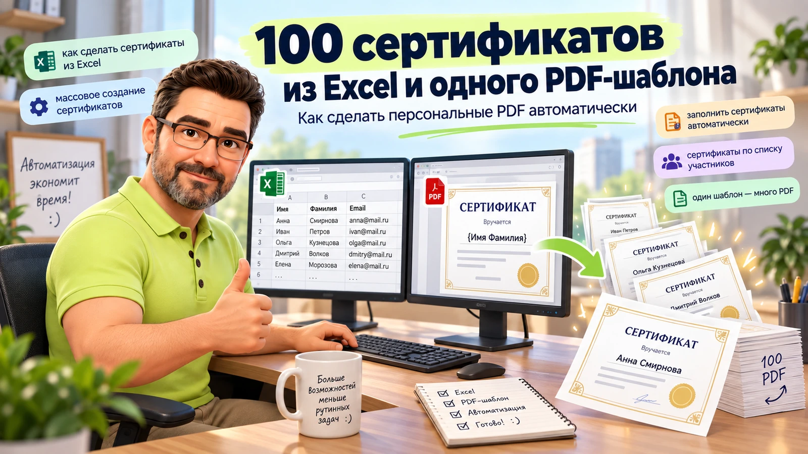 100 сертификатов из Excel и одного PDF-шаблона можно собрать одним запуском